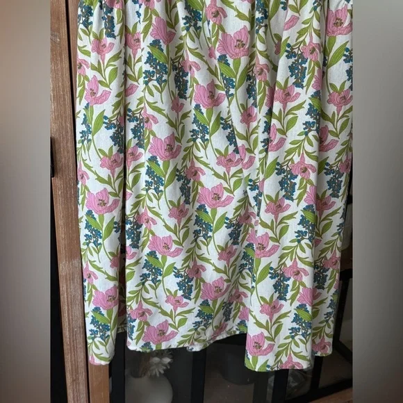 Linen floral block print babydoll mini dress ruffle pyjama square neck flutter - Picture 7 of 14